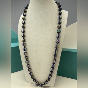 Vintage Blue Cloisonné Bead Necklace Silver Scrollwork 24” Sterling Silver Clasp